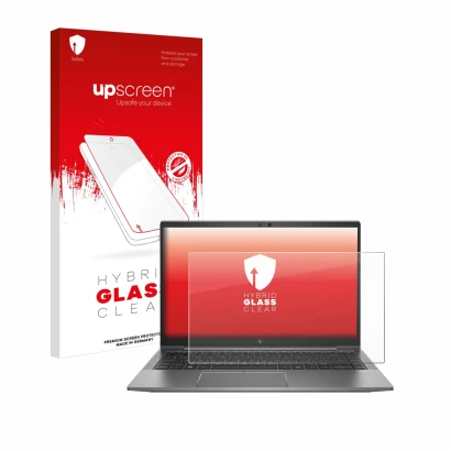 Parte frontal de un envase de producto con el logotipo de la marca upscreen. Al lado se muestra el dispositivo HP ZBook Firefl