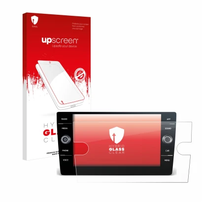 Parte frontal de un envase de producto con el logotipo de la marca upscreen. Al lado se muestra el dispositivo Volkswagen T6 2