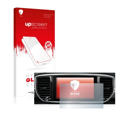 Parte frontal de un envase de producto con el logotipo de la marca upscreen. Al lado se muestra el dispositivo Kia Sportage QL