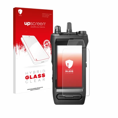 Parte frontal de un envase de producto con el logotipo de la marca upscreen. Al lado se muestra el dispositivo Motorola Mototr