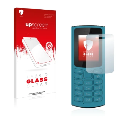 Parte frontal de un envase de producto con el logotipo de la marca upscreen. Al lado se muestra el dispositivo Nokia 105 4G 20