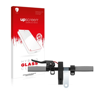 Parte frontal de un envase de producto con el logotipo de la marca upscreen. Al lado se muestra el dispositivo Xiaomi Mi 1S co