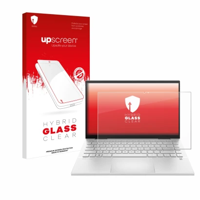 Parte frontal de un envase de producto con el logotipo de la marca upscreen. Al lado se muestra el dispositivo HP Pavilion x36