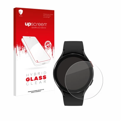 Parte frontal de un envase de producto con el logotipo de la marca upscreen. Al lado se muestra el dispositivo Samsung Galaxy