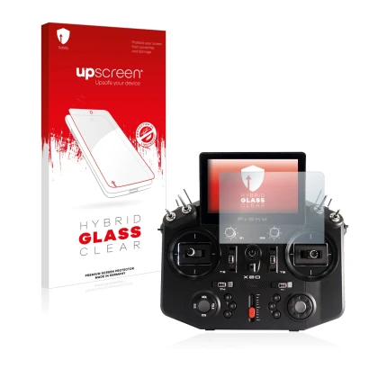 Parte frontal de un envase de producto con el logotipo de la marca upscreen. Al lado se muestra el dispositivo FrSky Tandem X2