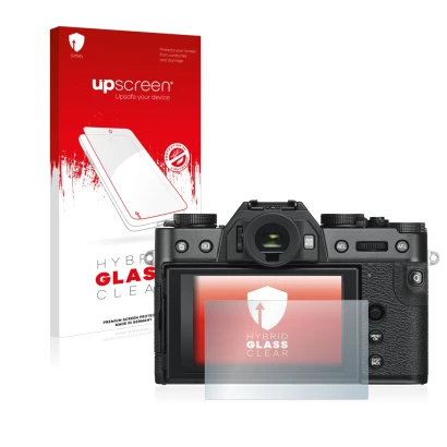 Parte frontal de un envase de producto con el logotipo de la marca upscreen. Al lado se muestra el dispositivo Fujifilm X-T30 