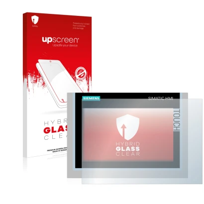Parte frontal de un envase de producto con el logotipo de la marca upscreen. Al lado se muestra el dispositivo Siemens Simatic