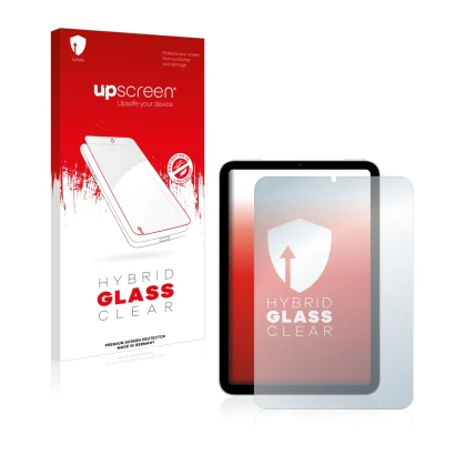 Parte frontal de un envase de producto con el logotipo de la marca upscreen. Al lado se muestra el dispositivo Apple iPad Mini
