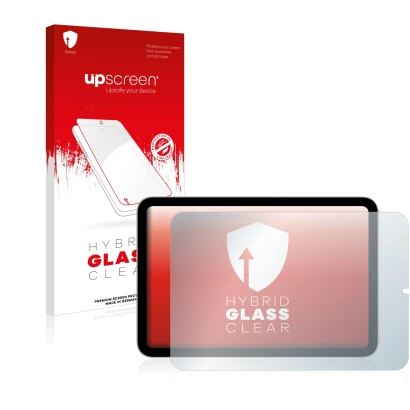 Parte frontal de un envase de producto con el logotipo de la marca upscreen. Al lado se muestra el dispositivo Apple iPad Mini