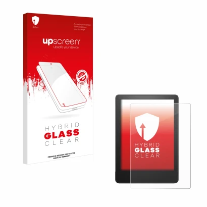 Parte frontal de un envase de producto con el logotipo de la marca upscreen. Al lado se muestra el dispositivo Amazon Kindle P
