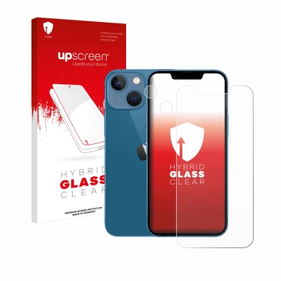 Parte frontal de un envase de producto con el logotipo de la marca upscreen. Al lado se muestra el dispositivo Apple iPhone 13