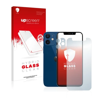 Parte frontal de un envase de producto con el logotipo de la marca upscreen. Al lado se muestra el dispositivo Apple iPhone 12