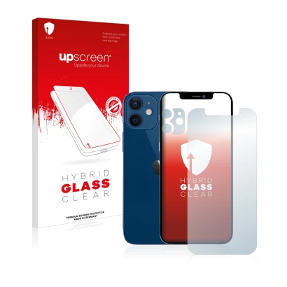 Parte frontal de un envase de producto con el logotipo de la marca upscreen. Al lado se muestra el dispositivo Apple iPhone 12