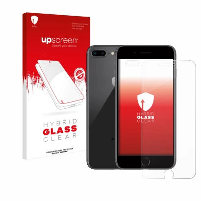 Parte frontal de un envase de producto con el logotipo de la marca upscreen. Al lado se muestra el dispositivo Apple iPhone 8 
