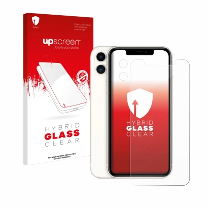 Parte frontal de un envase de producto con el logotipo de la marca upscreen. Al lado se muestra el dispositivo Apple iPhone 11