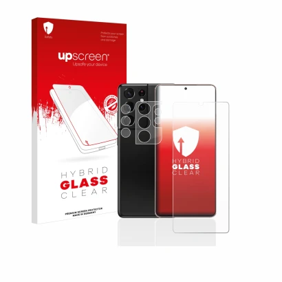 Parte frontal de un envase de producto con el logotipo de la marca upscreen. Al lado se muestra el dispositivo Samsung Galaxy