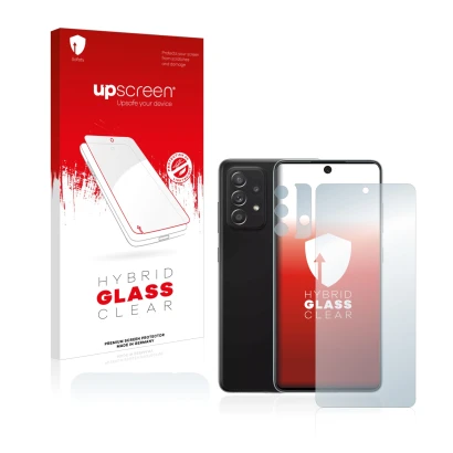 Parte frontal de un envase de producto con el logotipo de la marca upscreen. Al lado se muestra el dispositivo Samsung Galaxy