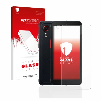 Parte frontal de un envase de producto con el logotipo de la marca upscreen. Al lado se muestra el dispositivo Samsung Galaxy 