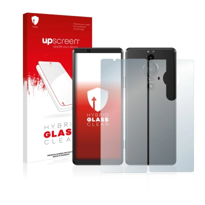 Parte frontal de un envase de producto con el logotipo de la marca upscreen. Al lado se muestra el dispositivo Sony Xperia Pro