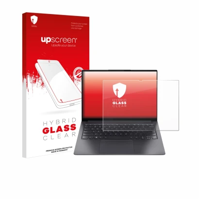 Parte frontal de un envase de producto con el logotipo de la marca upscreen. Al lado se muestra el dispositivo Lenovo Yoga Sli