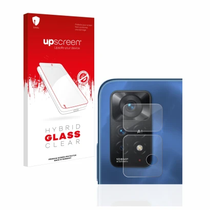 Parte frontal de un envase de producto con el logotipo de la marca upscreen. Al lado se muestra el dispositivo Xiaomi Redmi No