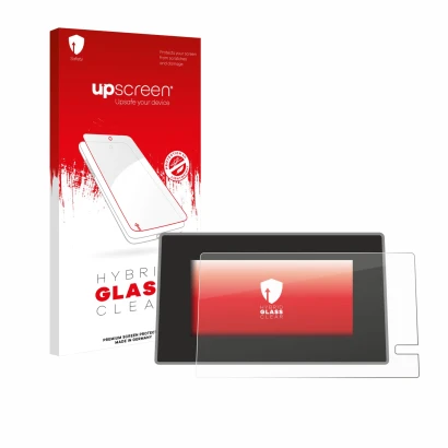 Parte frontal de un envase de producto con el logotipo de la marca upscreen. Al lado se muestra el dispositivo Renault Trafic 