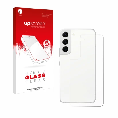 Parte frontal de un envase de producto con el logotipo de la marca upscreen. Al lado se muestra el dispositivo Samsung Galaxy 