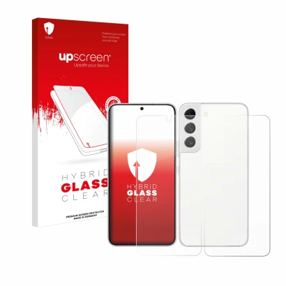 Parte frontal de un envase de producto con el logotipo de la marca upscreen. Al lado se muestra el dispositivo Samsung Galaxy 