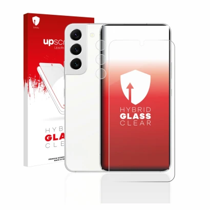 Parte frontal de un envase de producto con el logotipo de la marca upscreen. Al lado se muestra el dispositivo Samsung Galaxy 