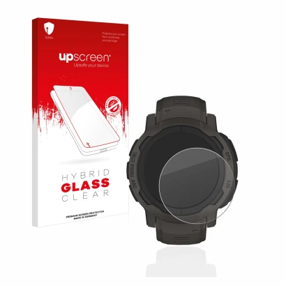 Parte frontal de un envase de producto con el logotipo de la marca upscreen. Al lado se muestra el dispositivo Garmin Instinct