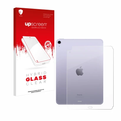 Parte frontal de un envase de producto con el logotipo de la marca upscreen. Al lado se muestra el dispositivo Apple iPad Air 