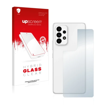 Parte frontal de un envase de producto con el logotipo de la marca upscreen. Al lado se muestra el dispositivo Samsung Galaxy 