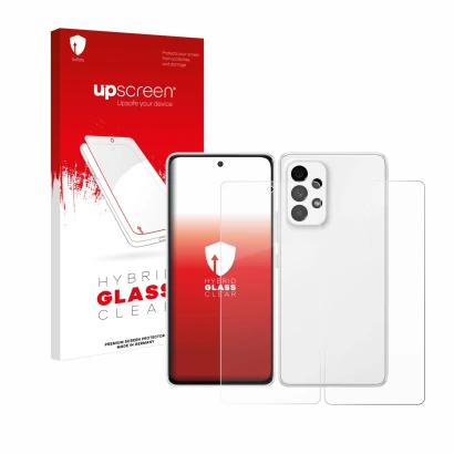 Parte frontal de un envase de producto con el logotipo de la marca upscreen. Al lado se muestra el dispositivo Samsung Galaxy 