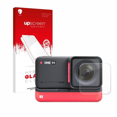 Parte frontal de un envase de producto con el logotipo de la marca upscreen. Al lado se muestra el dispositivo Insta360 One RS