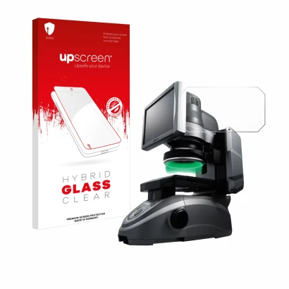 Parte frontal de un envase de producto con el logotipo de la marca upscreen. Al lado se muestra el dispositivo Keyence IM-6125