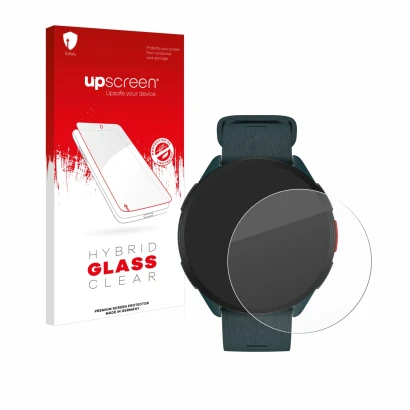 Parte frontal de un envase de producto con el logotipo de la marca upscreen. Al lado se muestra el dispositivo Polar Pacer con
