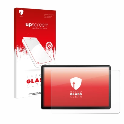 Parte frontal de un envase de producto con el logotipo de la marca upscreen. Al lado se muestra el dispositivo Lenovo Tab M10 