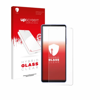 Parte frontal de un envase de producto con el logotipo de la marca upscreen. Al lado se muestra el dispositivo Sony Xperia 10 