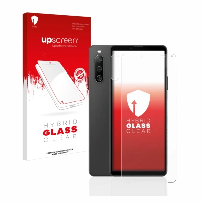 Parte frontal de un envase de producto con el logotipo de la marca upscreen. Al lado se muestra el dispositivo Sony Xperia 10