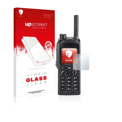 Parte frontal de un envase de producto con el logotipo de la marca upscreen. Al lado se muestra el dispositivo Motorola MTP850