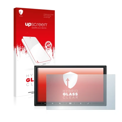 Parte frontal de un envase de producto con el logotipo de la marca upscreen. Al lado se muestra el dispositivo Alpine iLX-W690