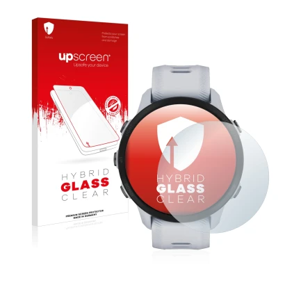 Parte frontal de un envase de producto con el logotipo de la marca upscreen. Al lado se muestra el dispositivo Garmin Forerunn