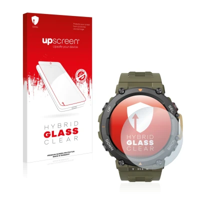 Parte frontal de un envase de producto con el logotipo de la marca upscreen. Al lado se muestra el dispositivo Huami Amazfit T