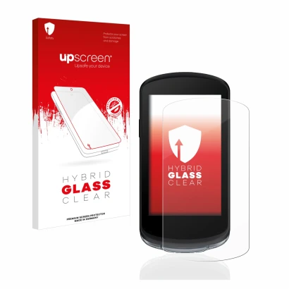 Parte frontal de un envase de producto con el logotipo de la marca upscreen. Al lado se muestra el dispositivo Garmin Edge 104