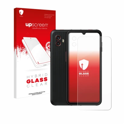 Parte frontal de un envase de producto con el logotipo de la marca upscreen. Al lado se muestra el dispositivo Samsung Galaxy 