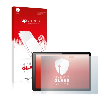 Parte frontal de un envase de producto con el logotipo de la marca upscreen. Al lado se muestra el dispositivo Lenovo Tab M10 