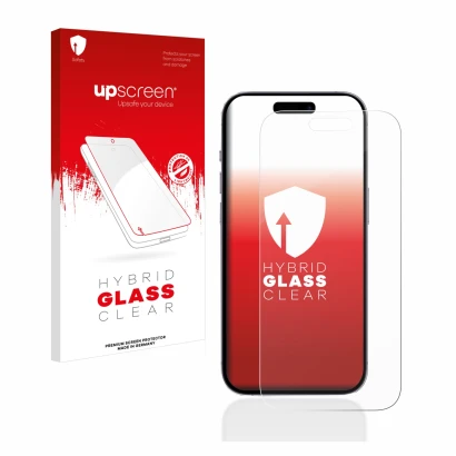 Parte frontal de un envase de producto con el logotipo de la marca upscreen. Al lado se muestra el dispositivo Apple iPhone 14
