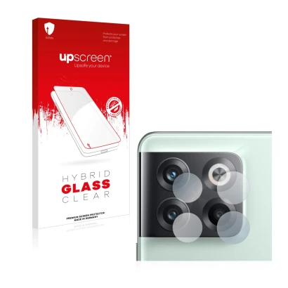 Parte frontal de un envase de producto con el logotipo de la marca upscreen. Al lado se muestra el dispositivo OnePlus 10T 5G