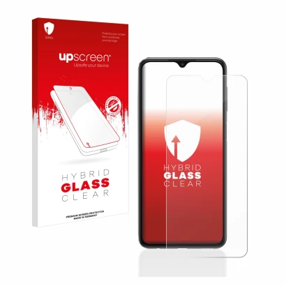 Parte frontal de un envase de producto con el logotipo de la marca upscreen. Al lado se muestra el dispositivo Samsung Galaxy
