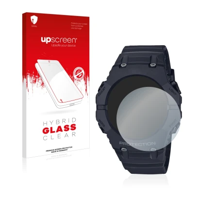 Parte frontal de un envase de producto con el logotipo de la marca upscreen. Al lado se muestra el dispositivo Casio G-Shock G